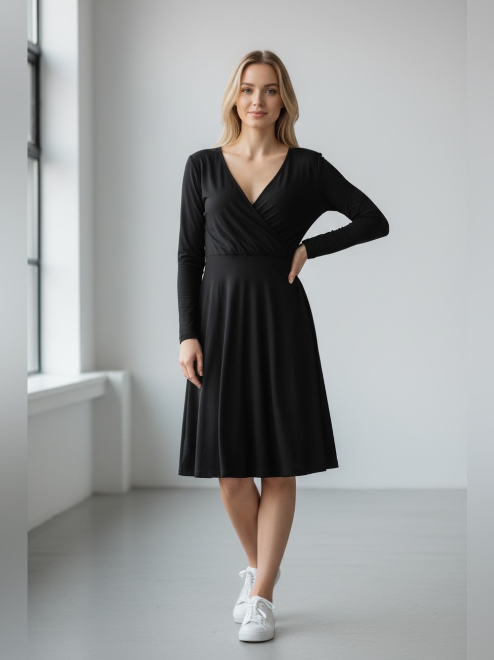 Pink Tartan Womens Size Medium V Neck Long Sleeve Fit and Flare Dress Black